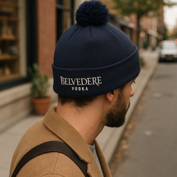 Belvedere Vodka Knit Beanie Hat Cap Pom Cuff Spirit Ski Snowboard OS Navy Blue - Picture 3 of 11